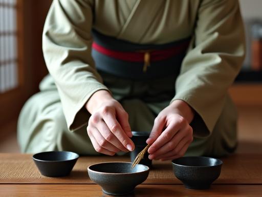 着物を着た女性が茶道の作法を学んでいる